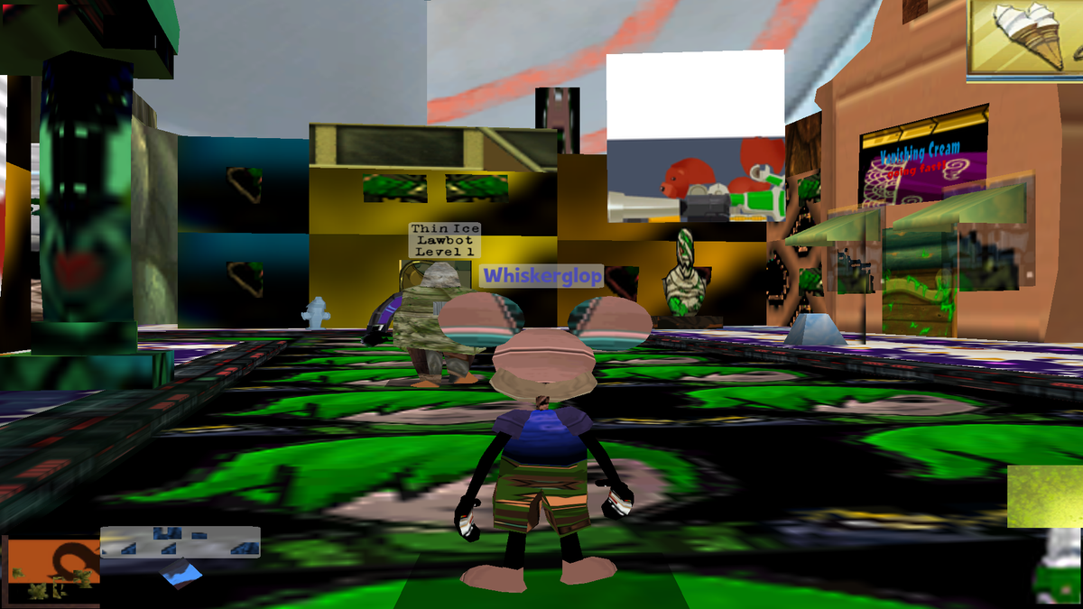 A cartoon character stands in a street built from mismatched textures and glitched storefronts in TEXTURETOWN