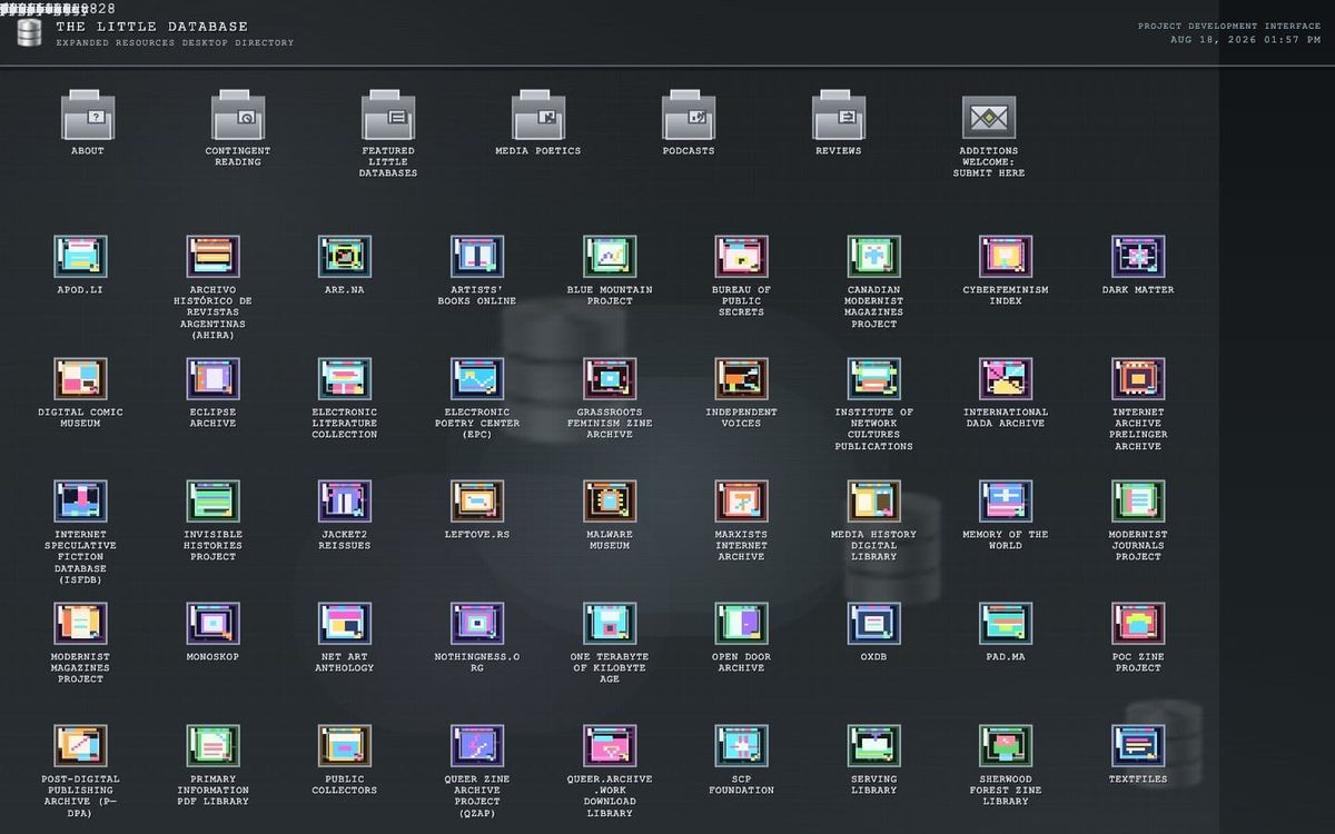 The desktop-style interface of thelittledatabase.com, a grid of grey archive icons over a spiral background