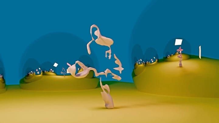 Flat hand-drawn figure mid-tennis-serve rendered over a simple blue and yellow 3D landscape