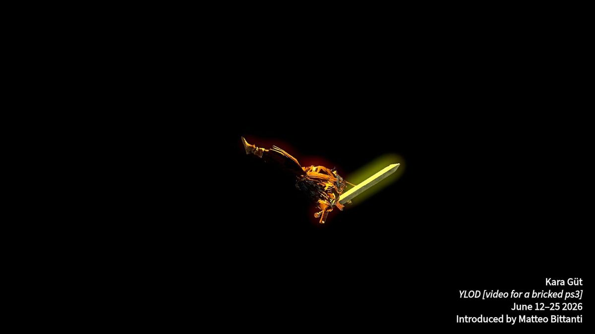 A glitched golden armored figure holding a glowing sword against black, from Kara Güt's YLOD