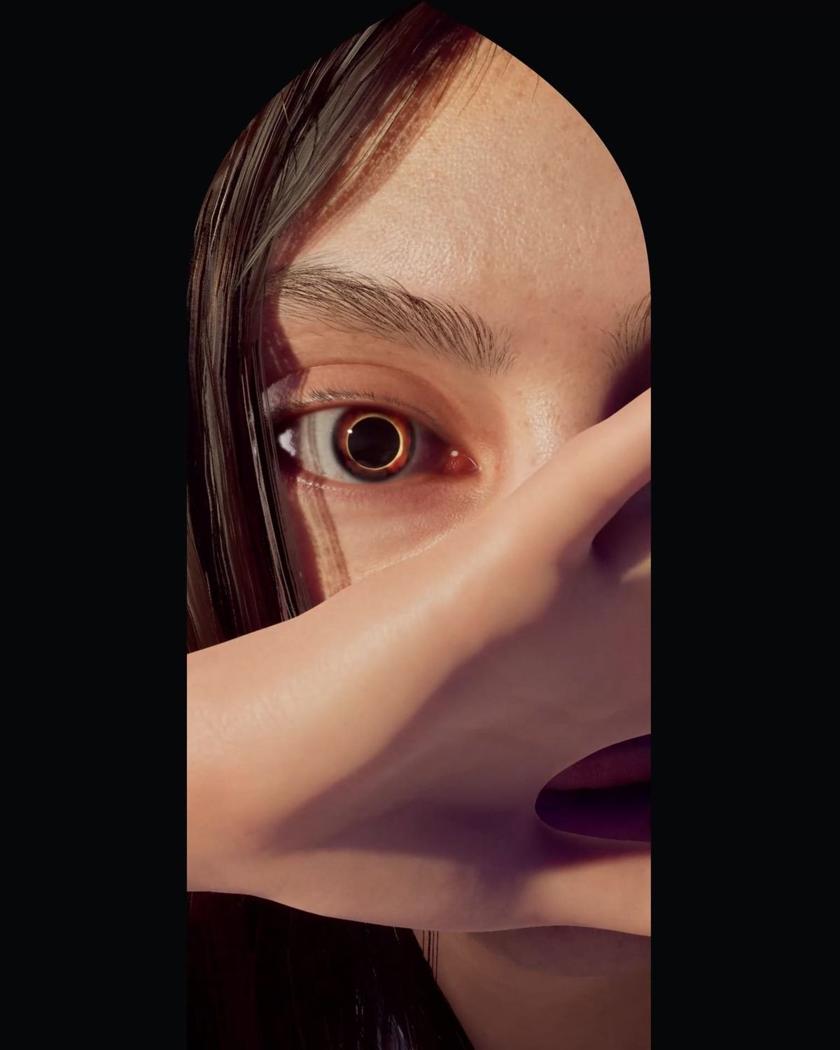 A rendered face peers through a gap between fingers in a frame from YUHA