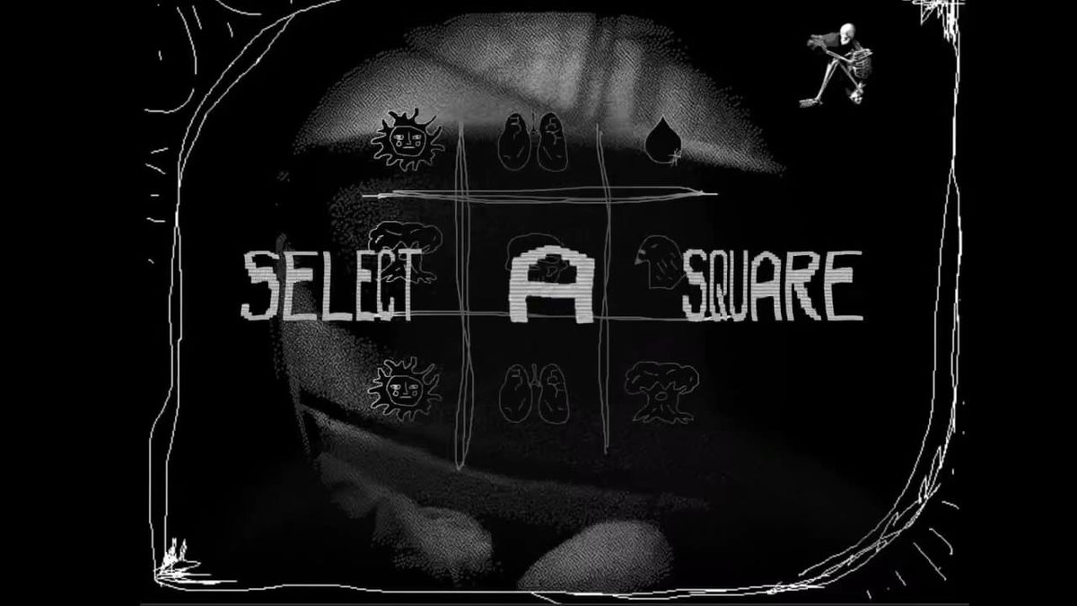 A dark CAPTCHA-style grid of nine squares with the words Select a Square in rough white type