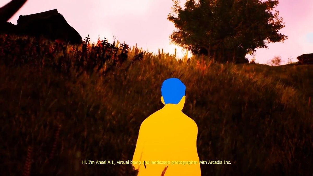 A figure in a yellow jacket with a blue head walks through rendered grassland at sunset while a subtitle introduces Ansel A.I.