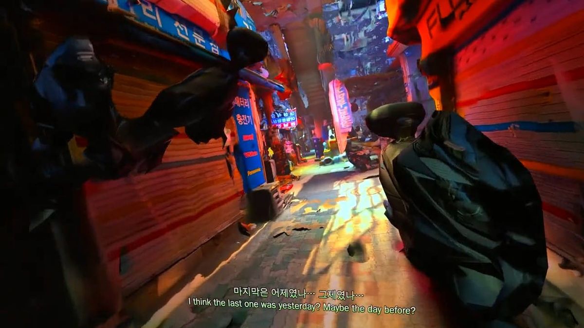 A helmeted delivery rider pauses in a neon-lit market alley, from Ayoung Kim’s game-engine film Delivery Dancer’s Sphere