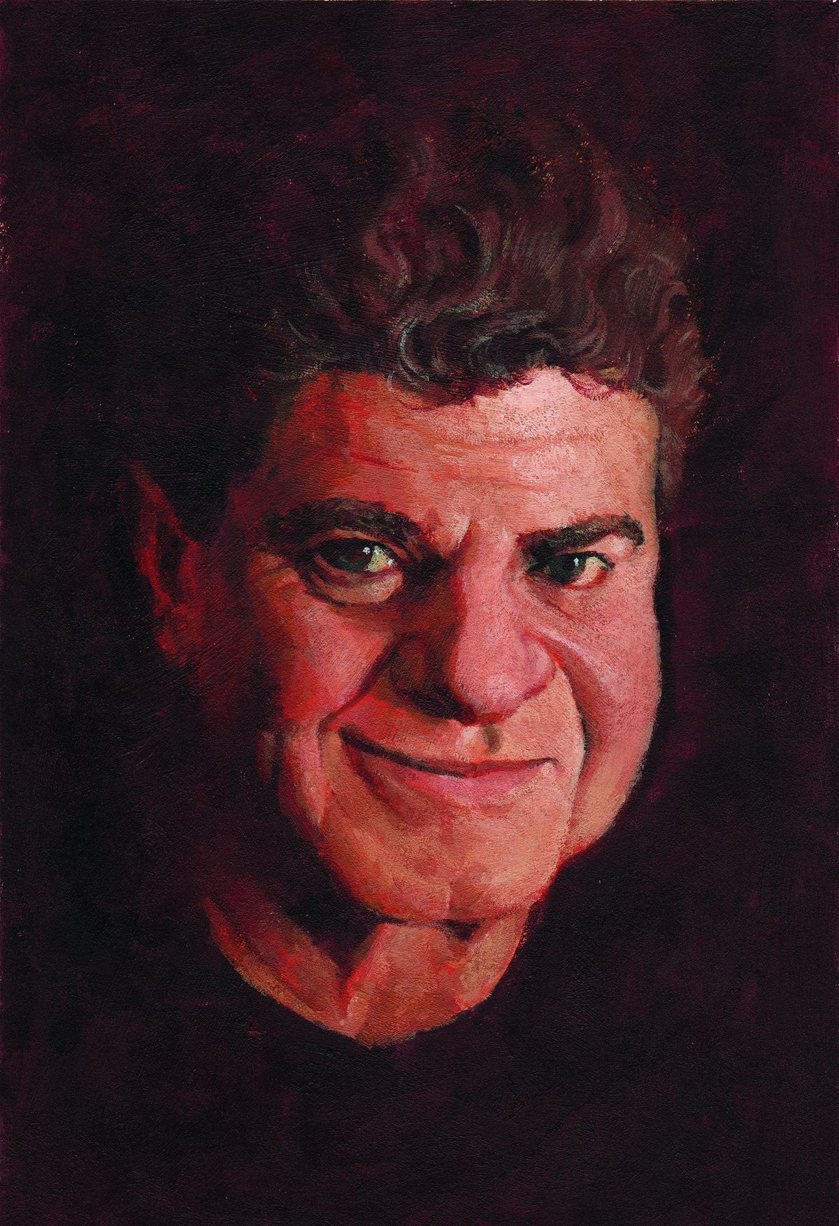 A painted portrait of composer Gustavo Santaolalla emerging from a dark red background.