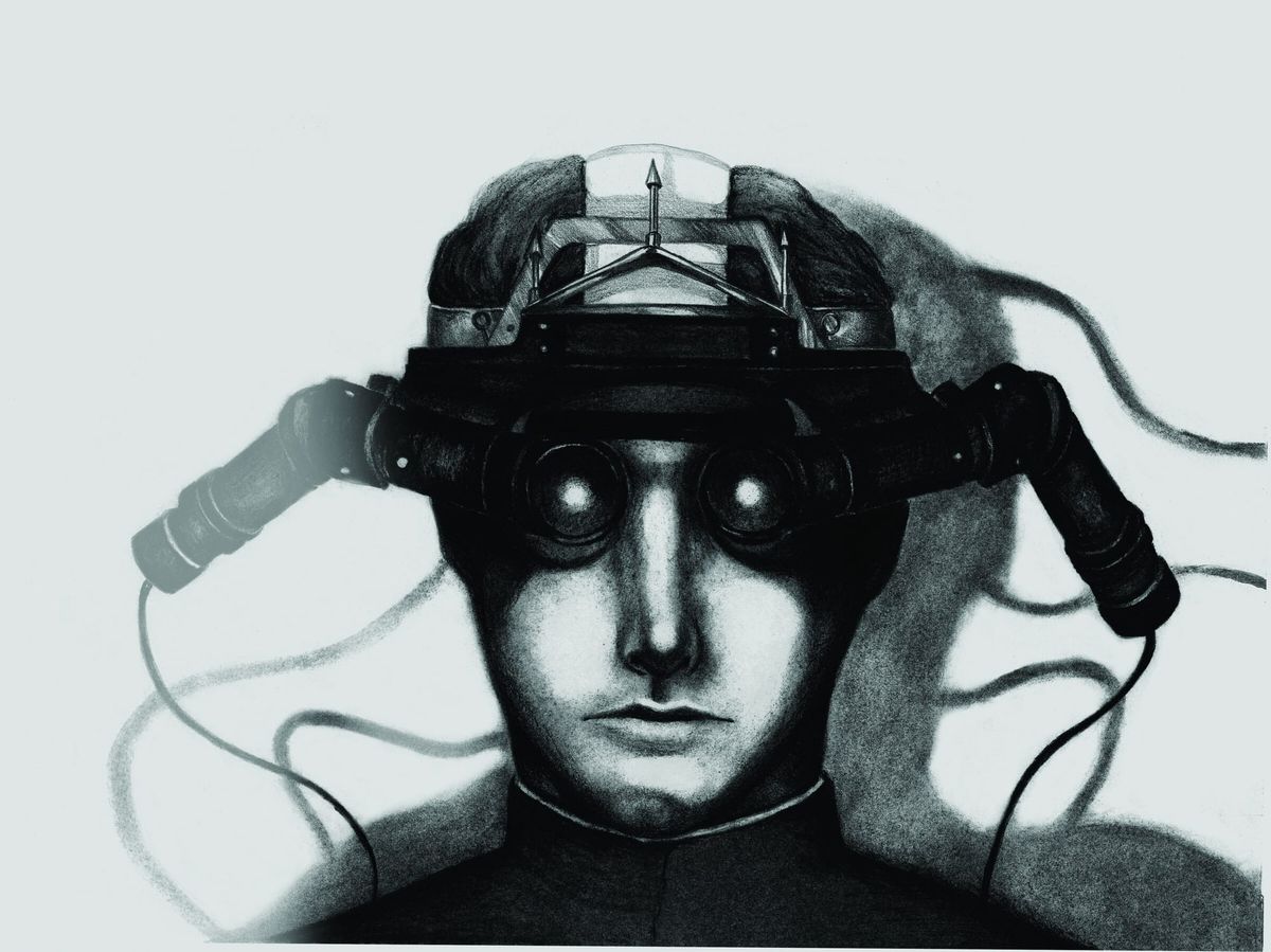 Black and white drawing of a person in an early head-mounted display