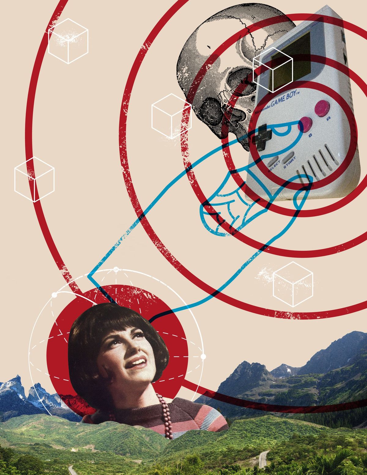 A collage of concentric red rings over a mountain landscape, a vintage radio, a cut-out portrait and floating wireframe cubes