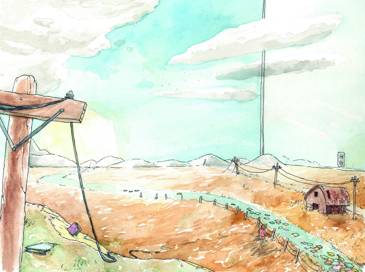 Watercolor of a telephone pole and shack in an empty desert