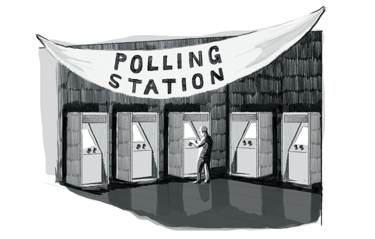Ink illustration of a row of voting booths beneath a banner reading Polling Station