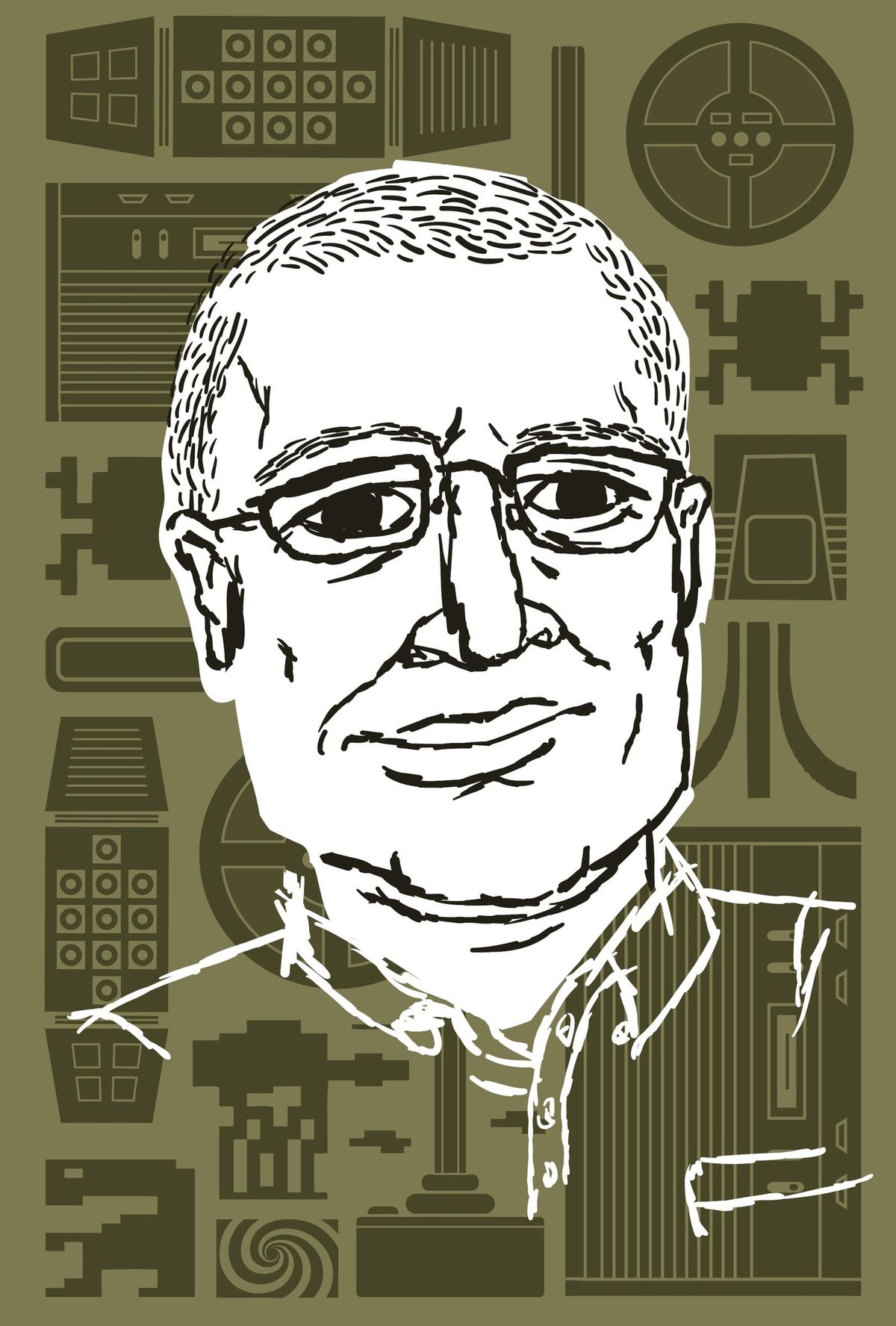 A line portrait of Rich Stearns in glasses against an olive field of drawn arcade cabinets.