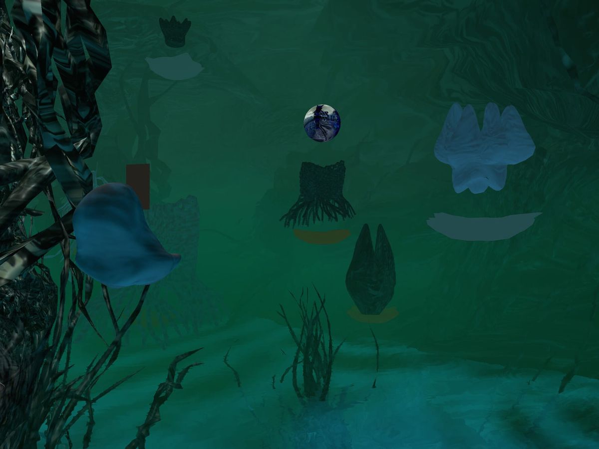 3D rendered green underwater grotto with a floating blue orb and pale digital plants