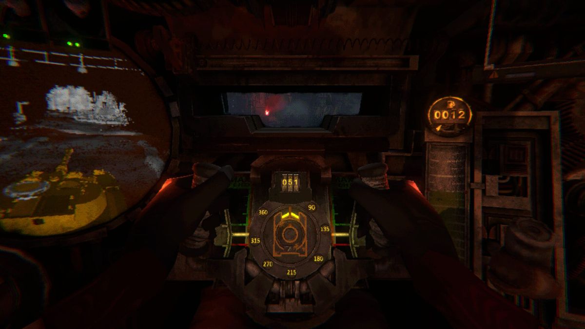 The interior of a tank rendered in low-fi 3D, crowded with manual levers and instruments
