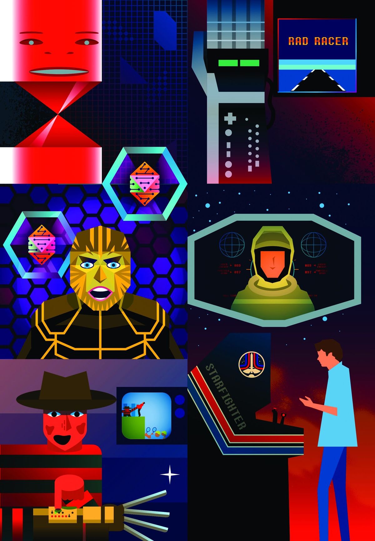 Collage of retro VR and arcade imagery in red and blue