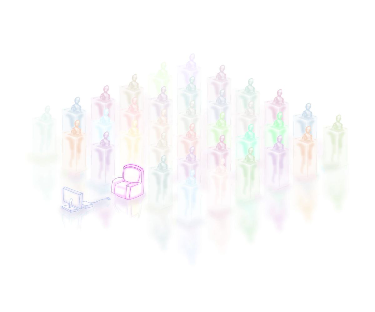 Rows of pale rainbow-tinted figures fading into white, a single pink chair at the front