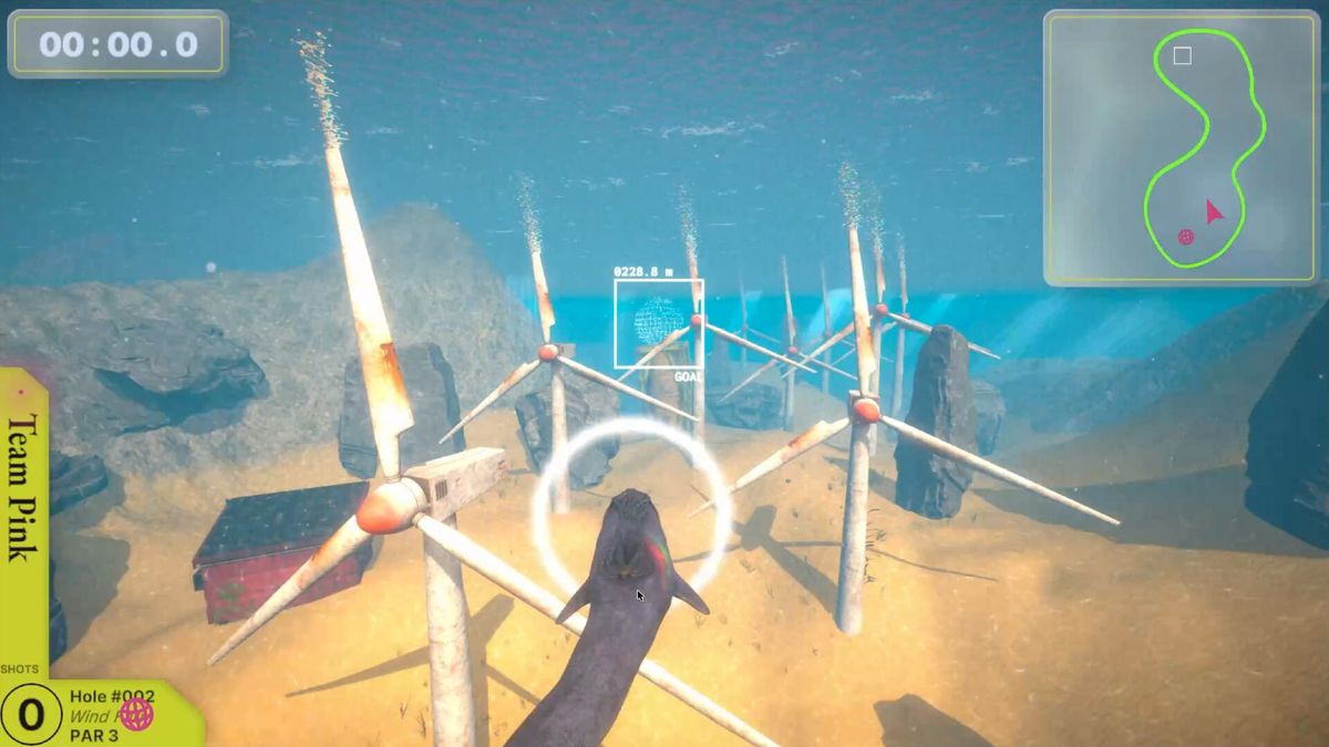 A cybernetic dolphin swims past sunken wind turbine wreckage in the underwater golf game Dolf