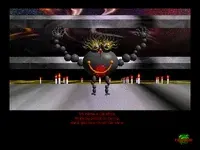 A squat horned creature stands on a dark ceremonial stage in Eastern Mind