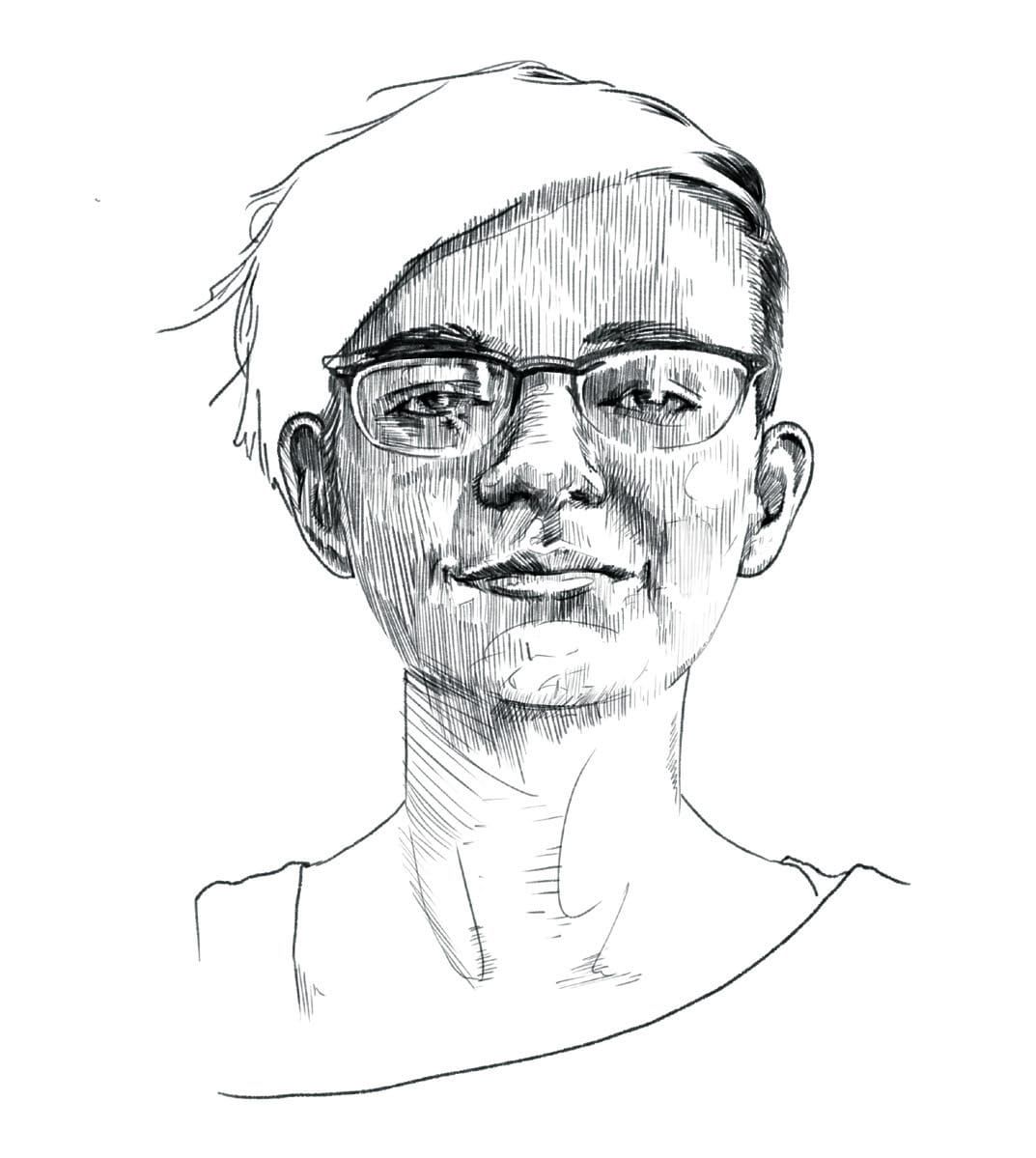 Pen and ink portrait of Everest Pipkin in glasses and a knitted cap