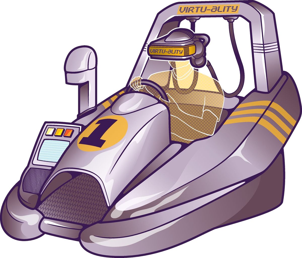 Illustration of a 1990s Virtuality VR arcade pod