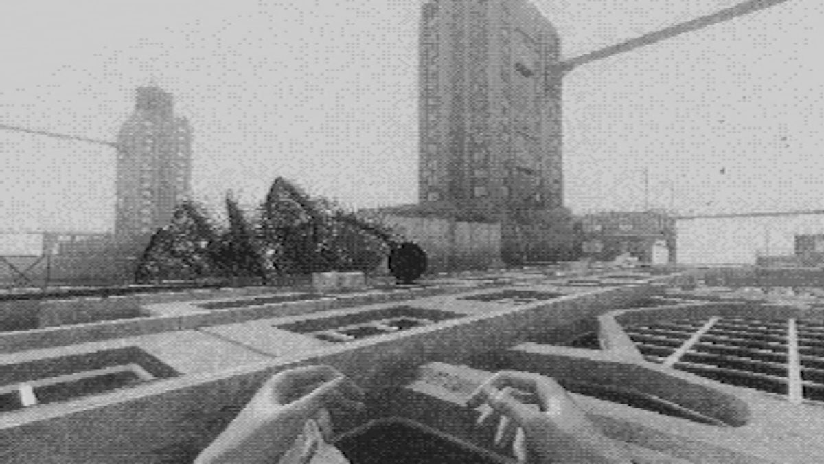 A giant spider looms over a monochrome brutalist city in the horror game Fallgrade