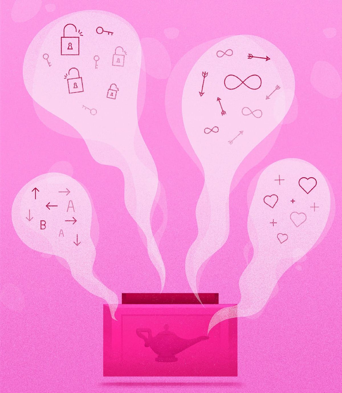 Pink illustration of a Game Genie cartridge emitting thought bubbles filled with padlocks, arrows and hearts