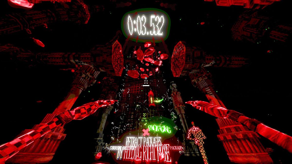 A neon-green flooded city seen in first person, with platforming rails threading between rooftops