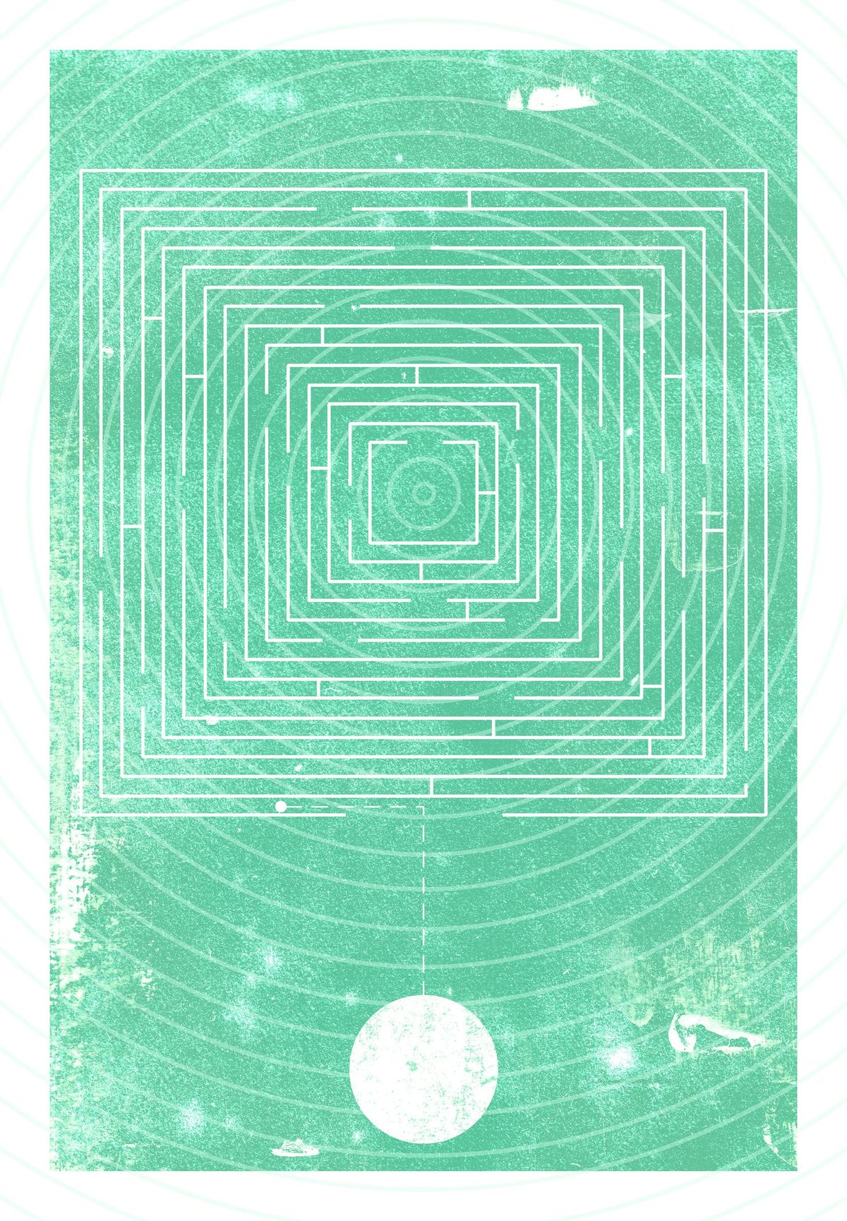 Concentric teal rectangles spiralling inward on a printed field of stars, a white circle low in the frame.