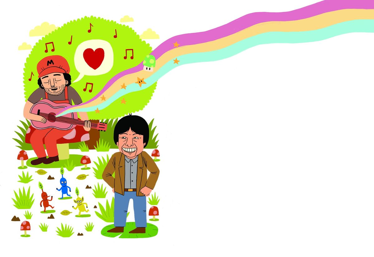 Two figures on a hillside, one strumming a guitar, a rainbow of music streaming from a speech bubble across a green field of 