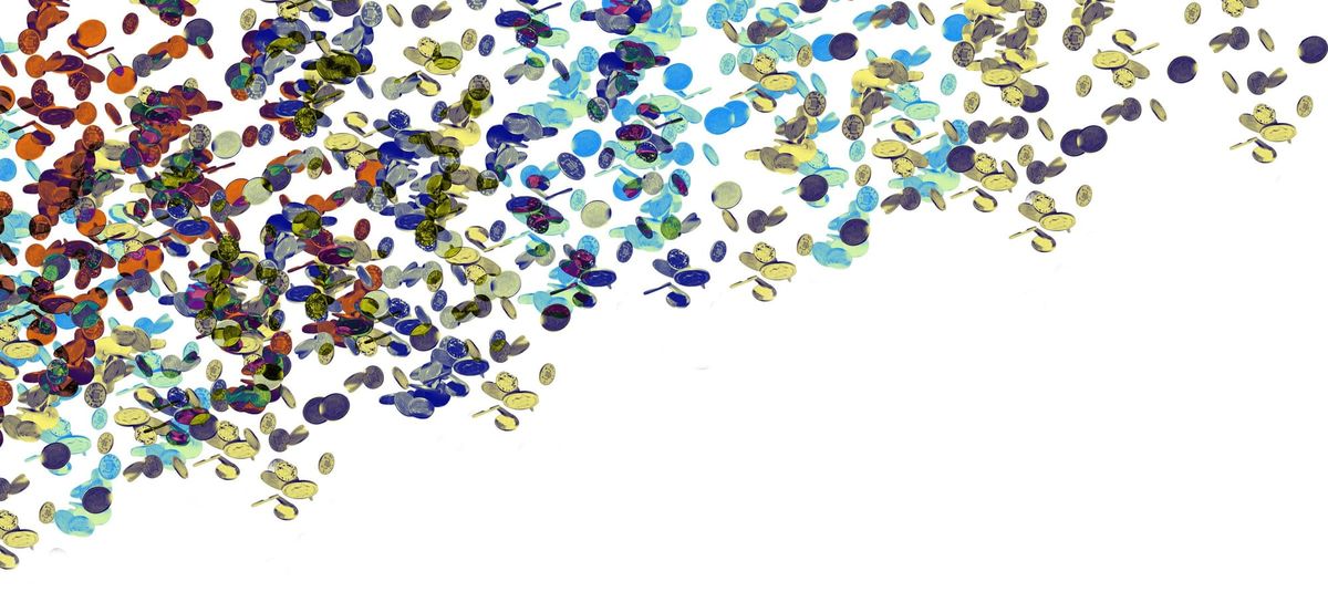 A spray of hundreds of loose coins scattering across a white field.