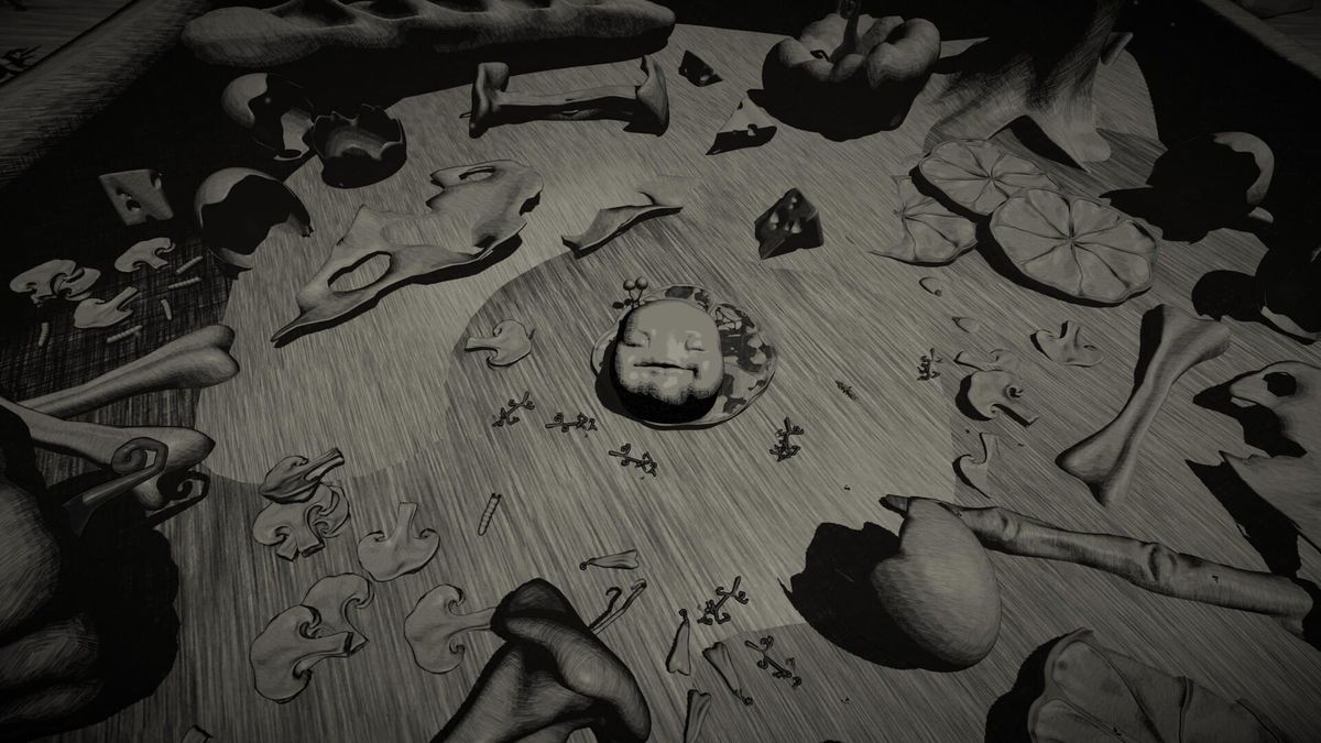 A small hand-drawn creature in an illustrated environment from In Full Bloom