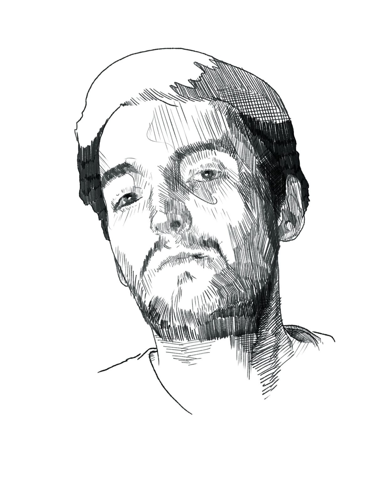 Pen-and-ink portrait of Ivan Notaros in a knit cap