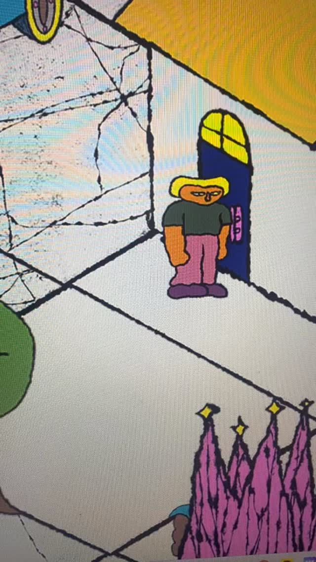 A hand-drawn mustard-yellow character stands in a hallway with scribbled web-like walls