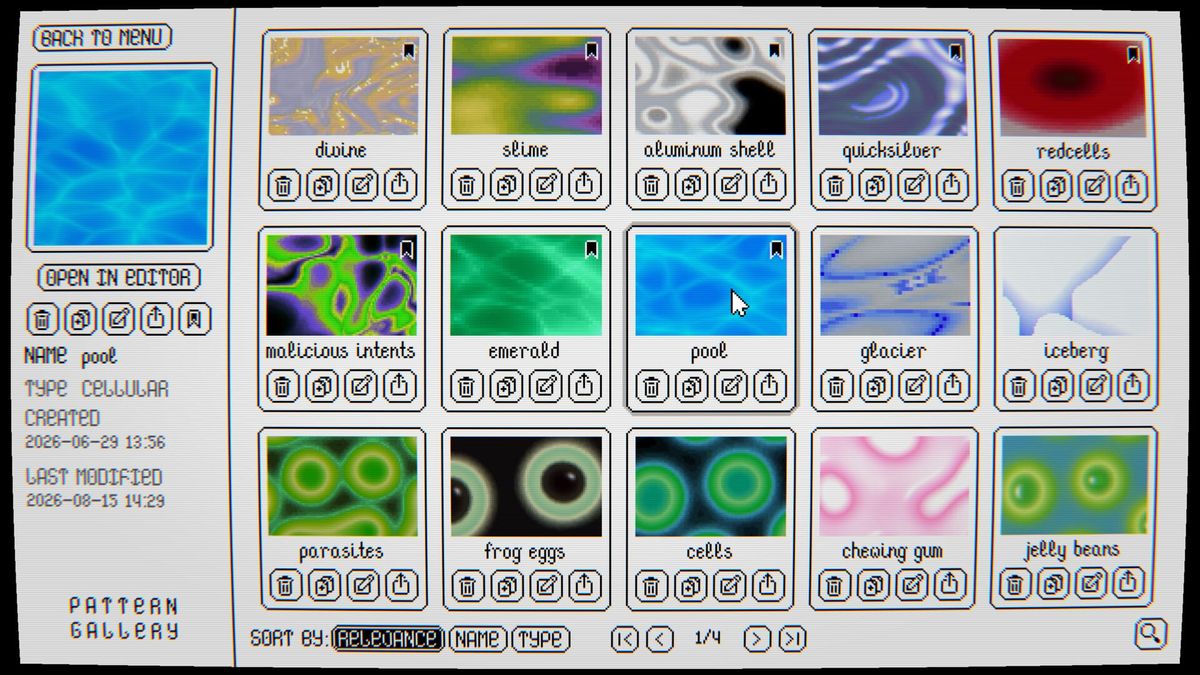 Grid of small animated noise patterns with hand-drawn labels in a pixel-styled gallery interface