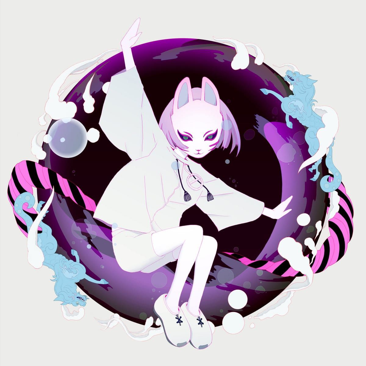 Illustrated album cover: a figure in a white fox mask sits inside a swirling purple bubble ringed by pale creatures