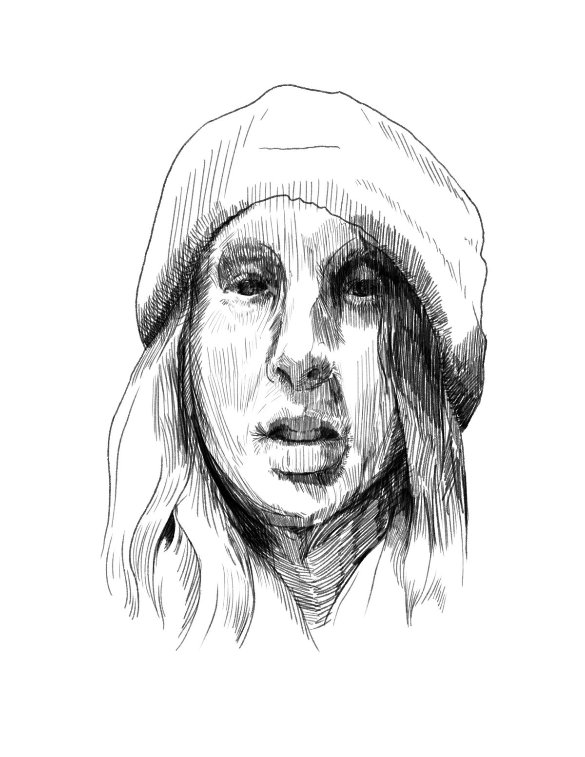 Pen-and-ink portrait of Kitty Horrorshow in a knit beanie
