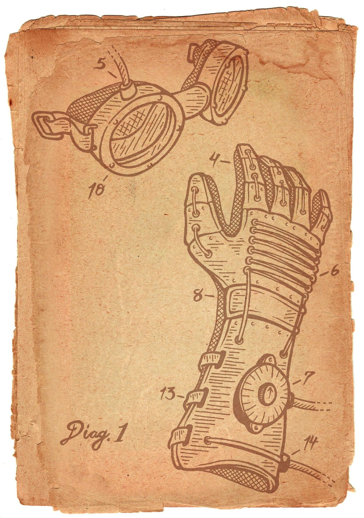 Sepia patent drawing of a mechanical glove and goggles