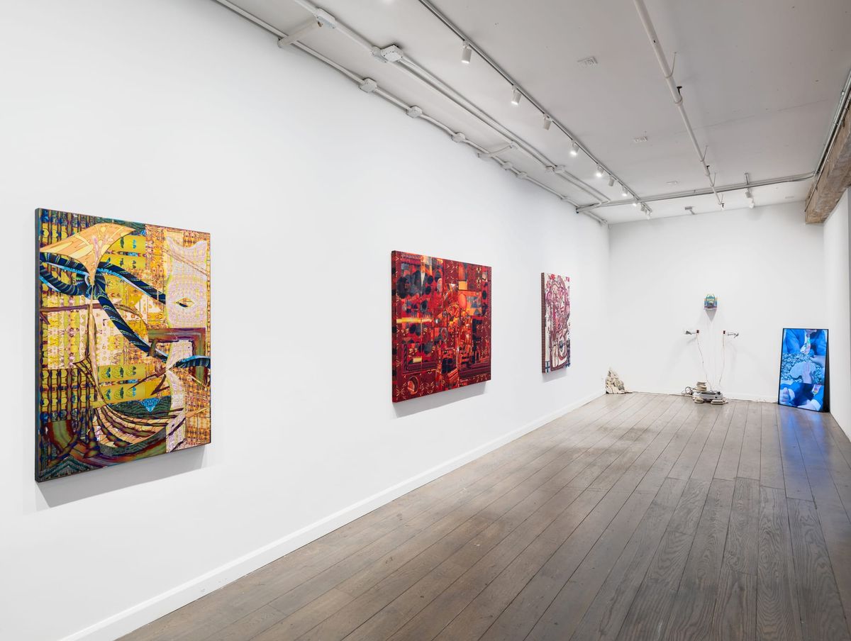 Gallery installation view of LoVid’s textile works and video monitors at Picture Theory