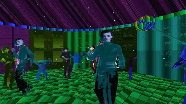 A corrupted low-poly nightclub interior with smeared textures in the style of a PlayStation 1 game
