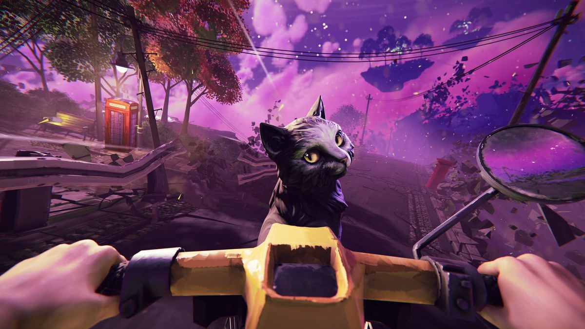 First-person view holding a cartoon power tool, facing a black cat under a purple sky
