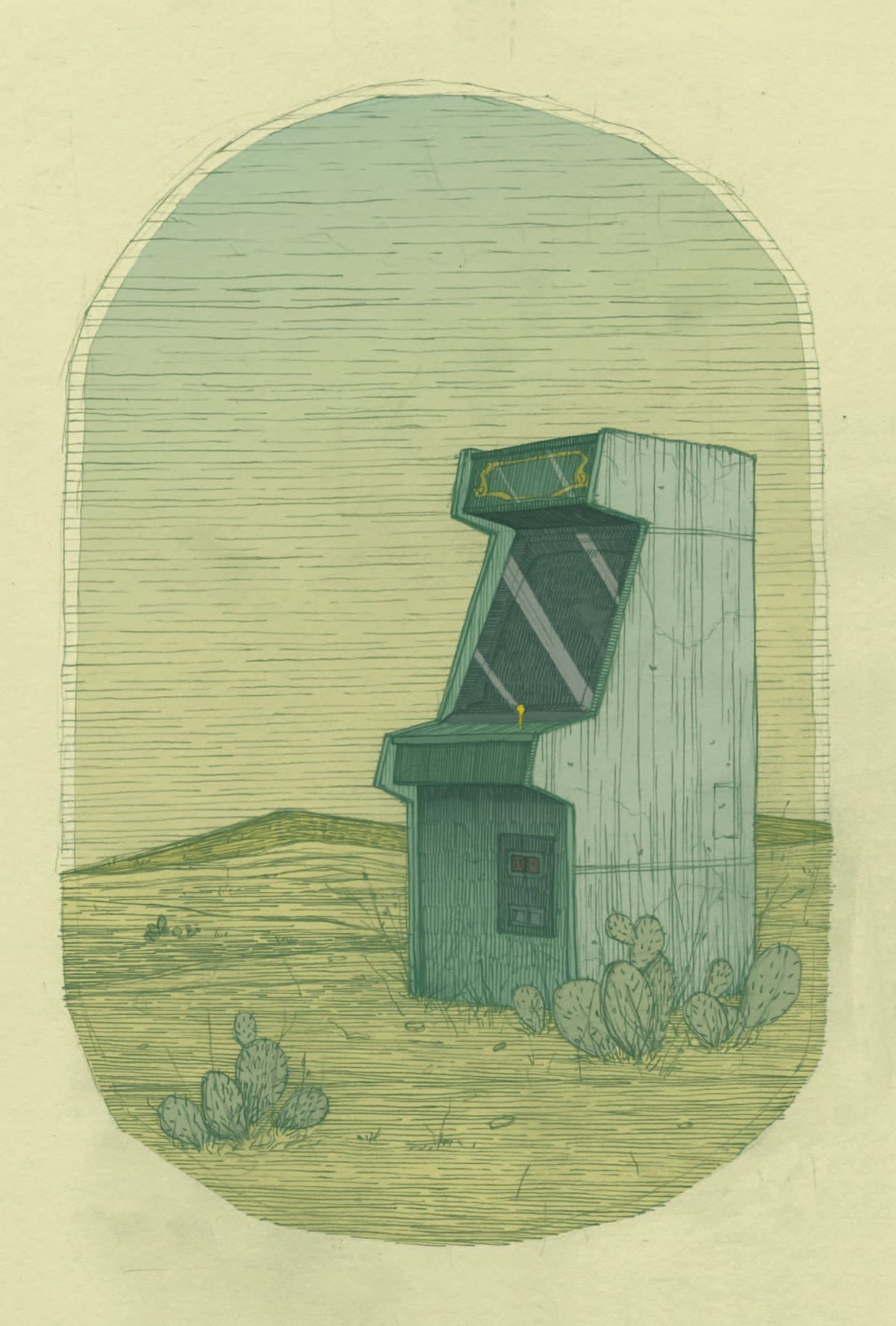 A muted painting of a lone arcade cabinet standing in an empty field of scrub grass.