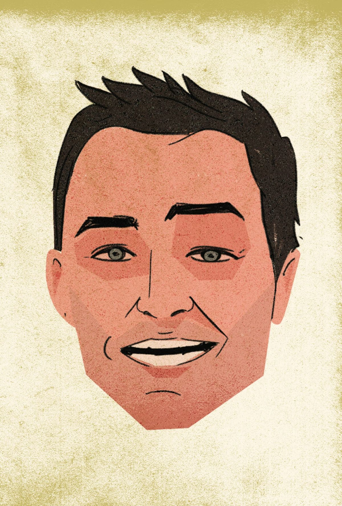 A flat-planed portrait of Nolan North grinning, rendered in warm pinks and browns on aged paper.