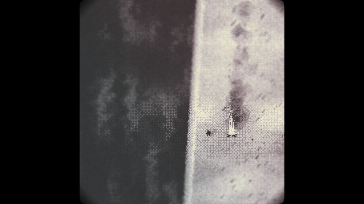 A bleak pixel art landscape from O EMPIRE! WARD OFF THY ROT showing a lone traveller on a ruined continent