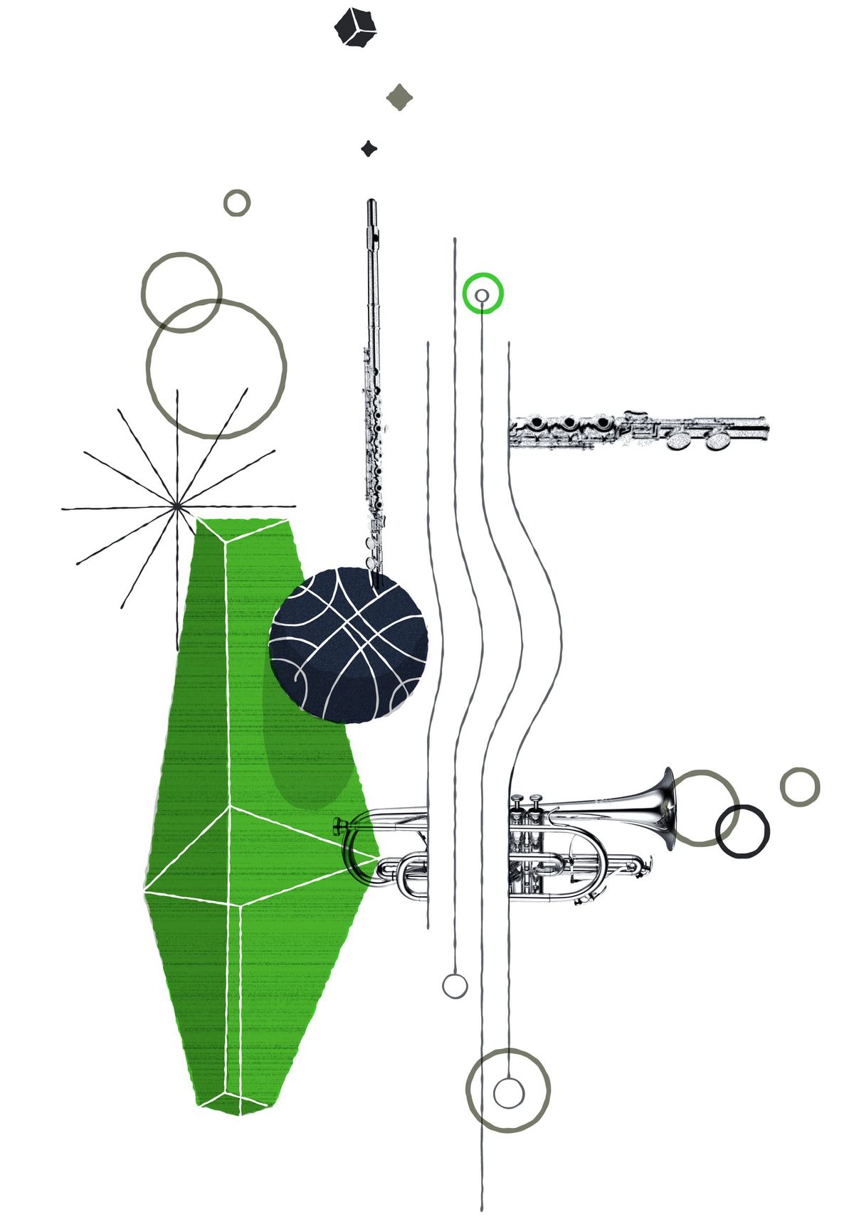 A schematic drawing of brass instruments and circles connected by wandering lines, anchored by a green faceted shape.