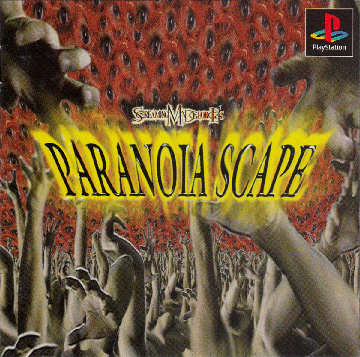Cover art for the PlayStation game Paranoiascape, showing a mass of red grasping hands behind a stylised logo.