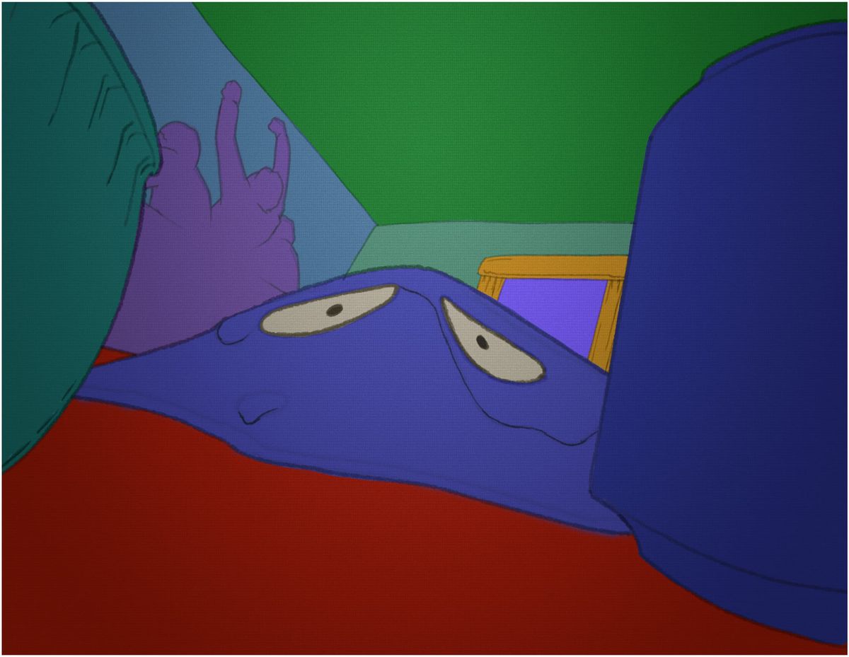 Flat cartoon of a purple creature lying in bed under blue covers in a green room
