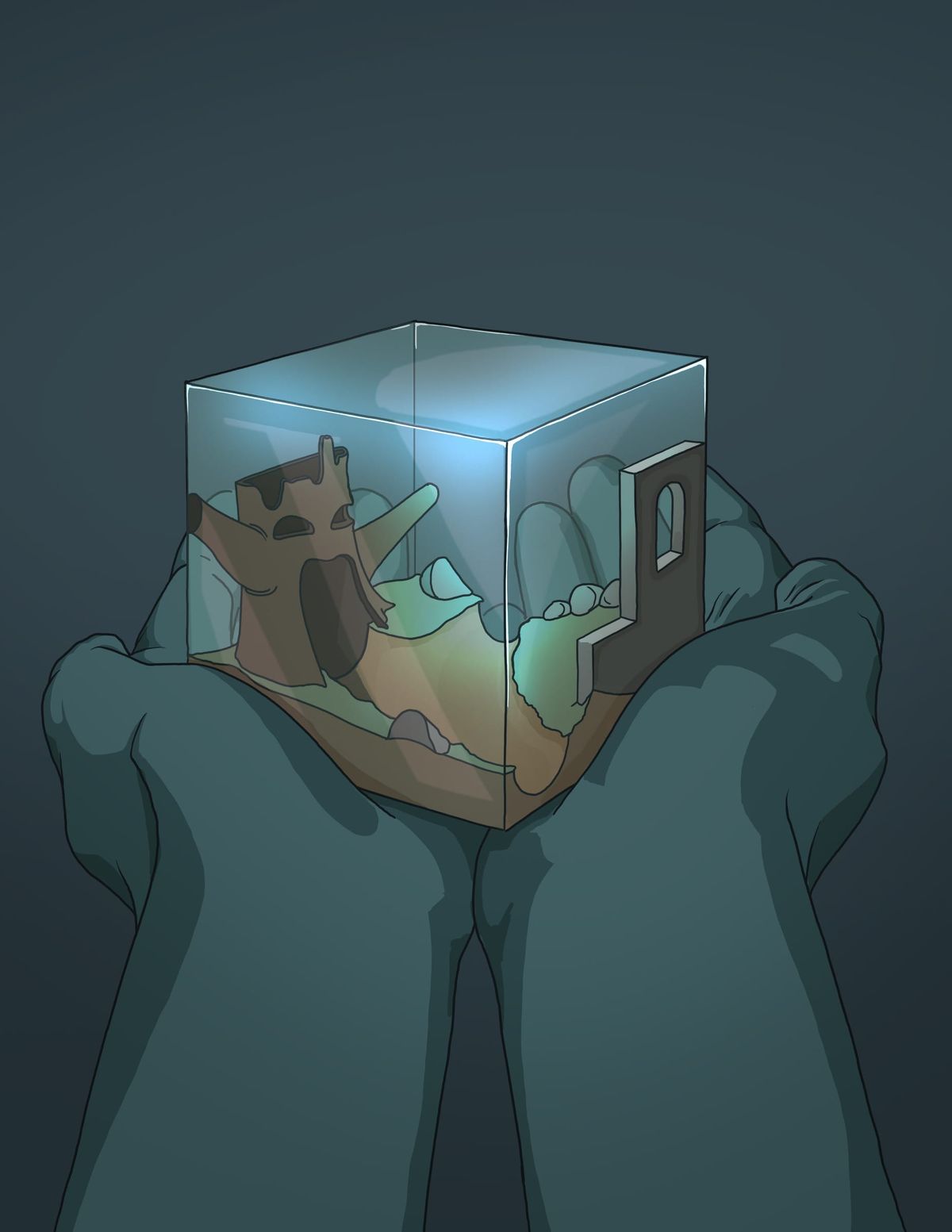Illustration of two hands cradling a glowing cube that holds a tiny game landscape