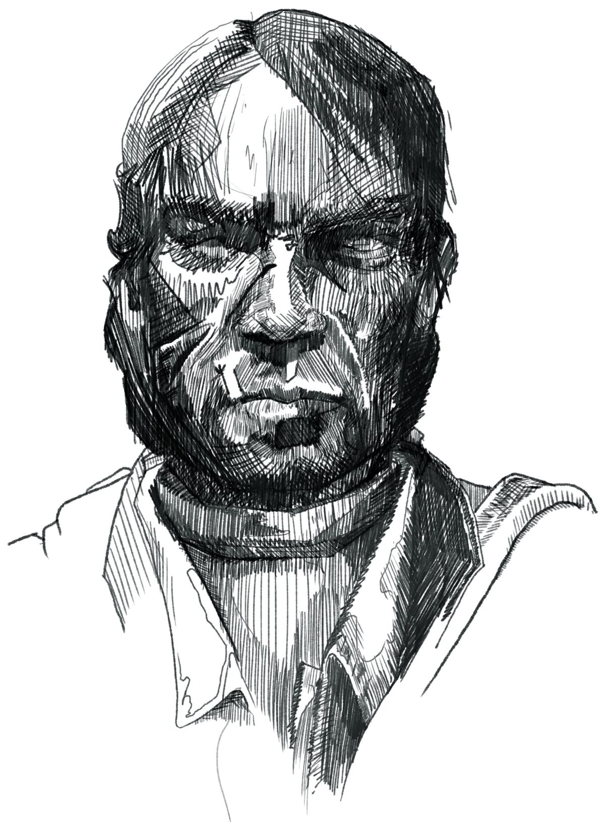 Pen-and-ink portrait of Red Dead Redemption outlaw John Marston, his face scarred