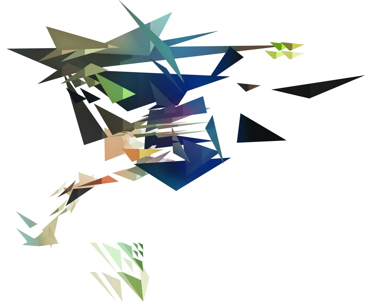 Angular shards of blue, green and cream fractured across white, resolving loosely into a figure in flight.
