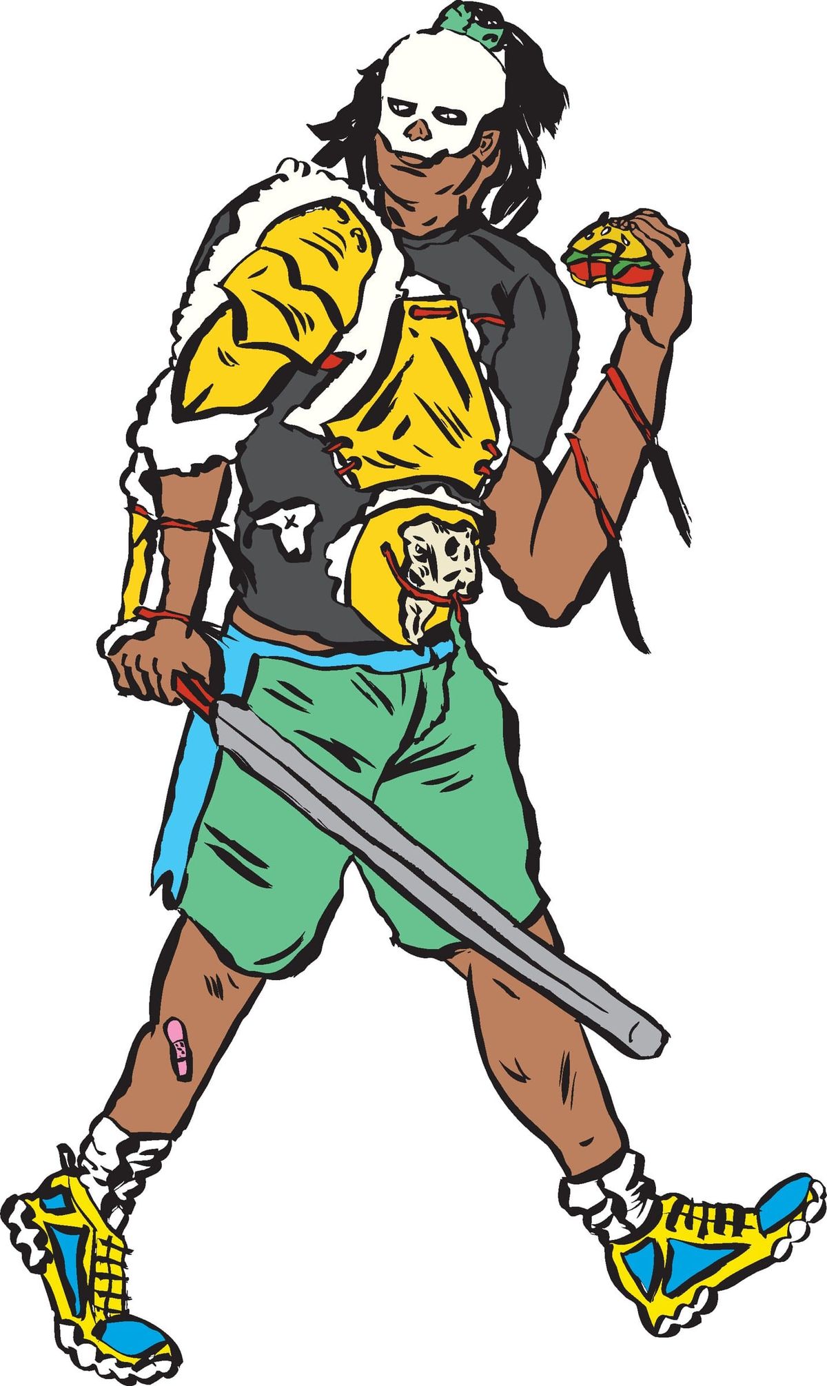 Illustration of a LARPer in a mask carrying a foam sword