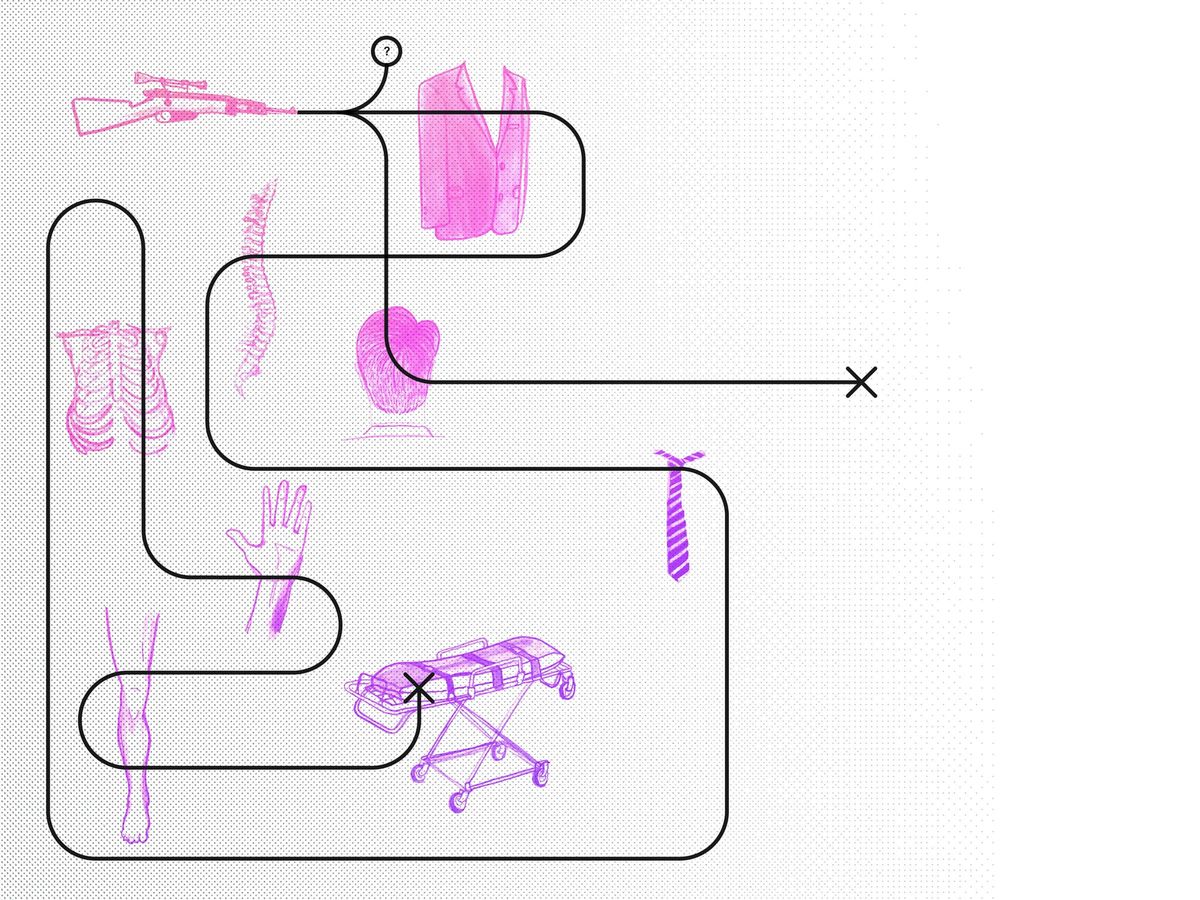A pink line drawing tracing a bullet’s winding path past a rifle, a gurney, a hand and a necktie.