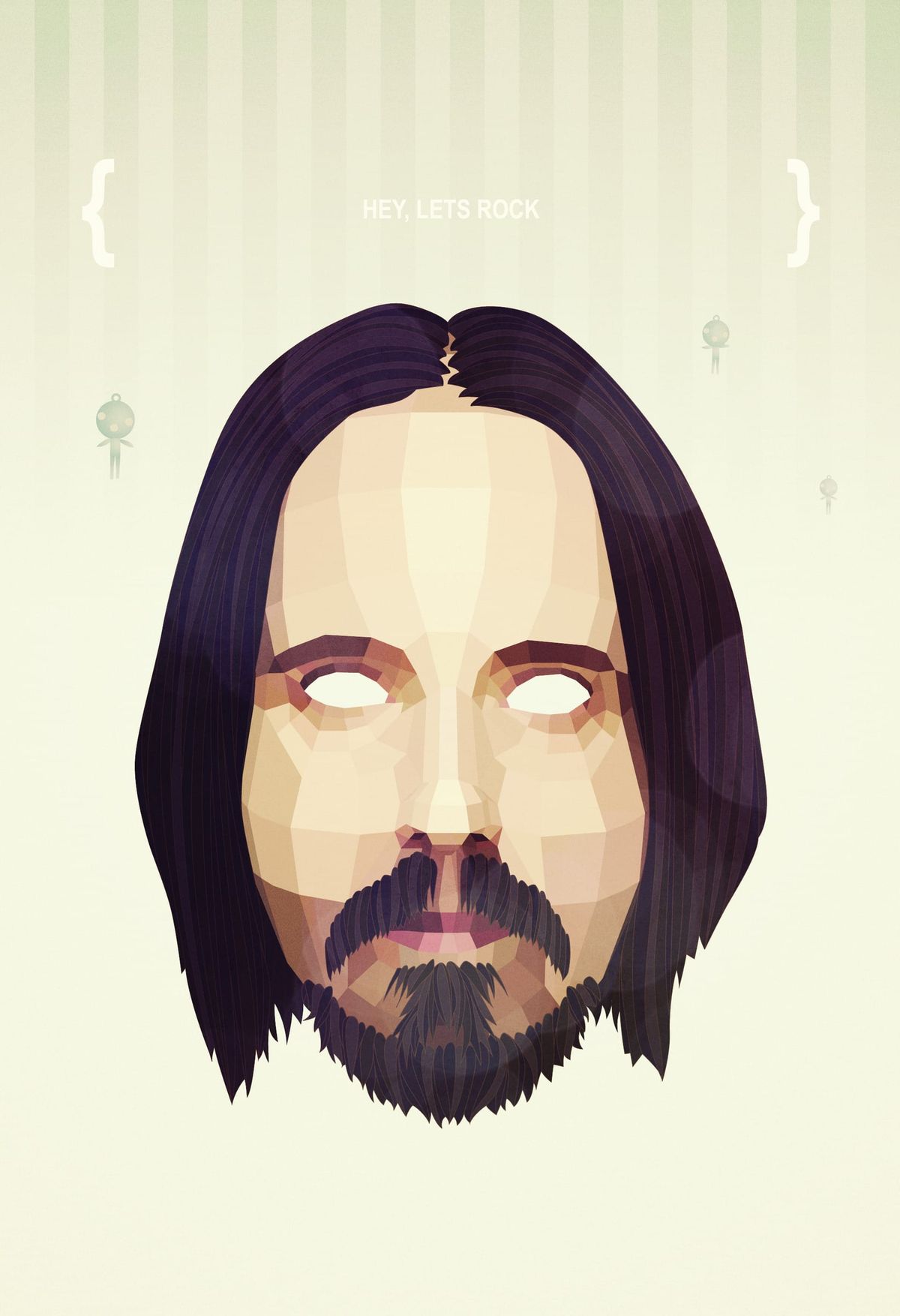 A faceted portrait of Jim Guthrie with long dark hair and a moustache, eyes rendered as blank white, on a pale striped ground